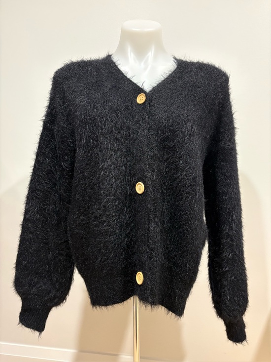 Sweaters - Fuzzy Black Button-Front Cardigan